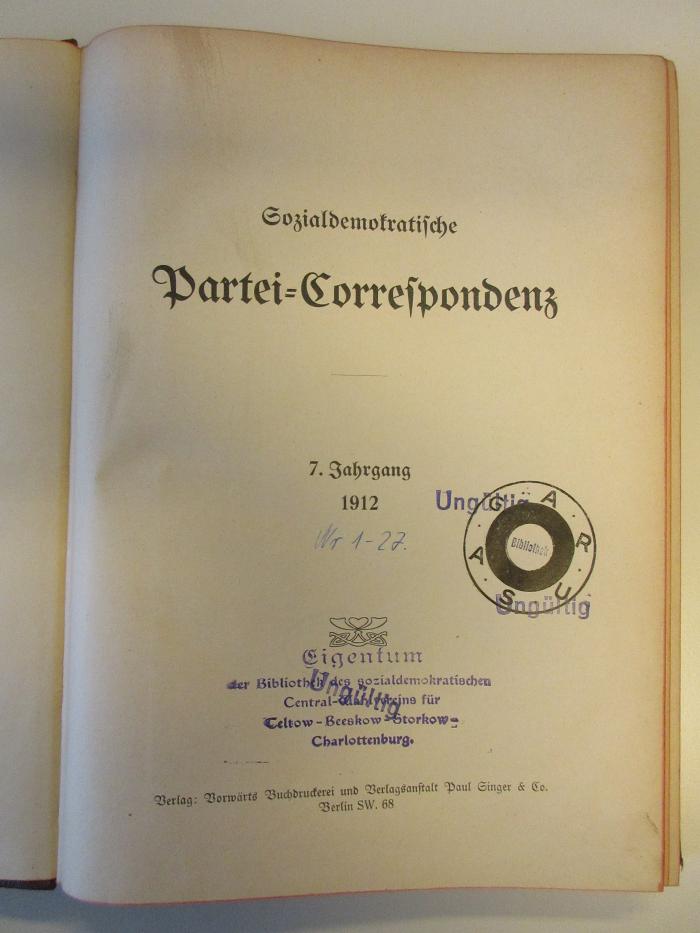 SH 3271-7 : Sozialdemokratische Partei=Correspondenz: 7. Jahrgang 1912