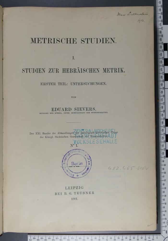 492.465 SIEV : Metrische Studien, 1., Studien zur hebräischen Metrik. Erster Teil: Untersuchungen (1901 / 1903)