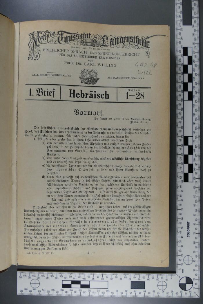 492.48 WILL : Hebräisch : brieflicher Sprach- und Sprechunterricht für das Selbststudium Erwachsener (1856)