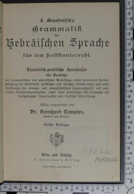 492.486 MANA : Grammatik der Hebräischen Sprache : für den Selbstunterricht ([1900])