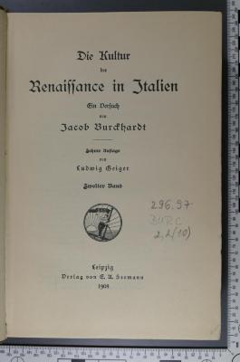 296.97 BURC 2,2(10) : Die Kultur der Renaissance in Italien (1908)