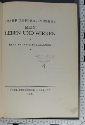 922.968 POPP 1 : Mein Leben und Wirken : eine Selbstdarstellung (1924)