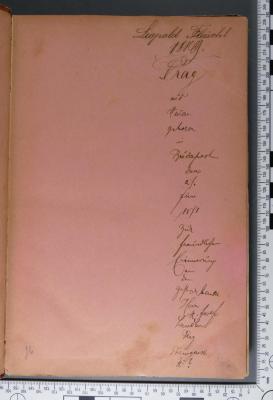 - (Landau, Hermann Josef;Fleischl, Leopold Arthur), Von Hand: Widmung; 'Leopold Fleischl. 1899. Prag aus Neuern geboren in Budapest den 27. Juni 1871 zur freundlichen Erinnerung an den gestorbenen Herrn H. Josef Landau 
Prag Theingasse No ?'. 