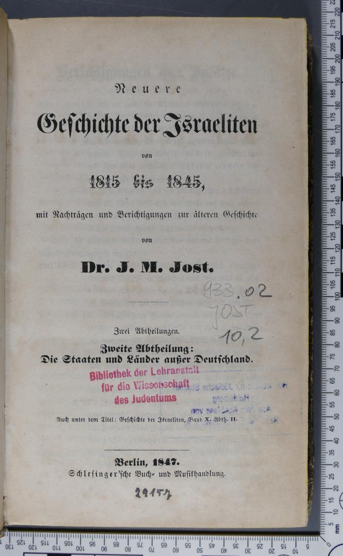 933.02 JOST 10,2;Gb 32 a ; ;: Neuere Geschichte der Israeliten, 2. Die Staaten und Länder außer Deutschland (1847)
