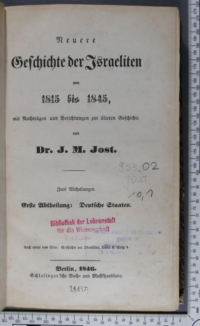 933.02 JOST 10,1;Gb 32 a ; ;: Neuere Geschichte der Israeliten, 1. Deutsche Staaten (1846)