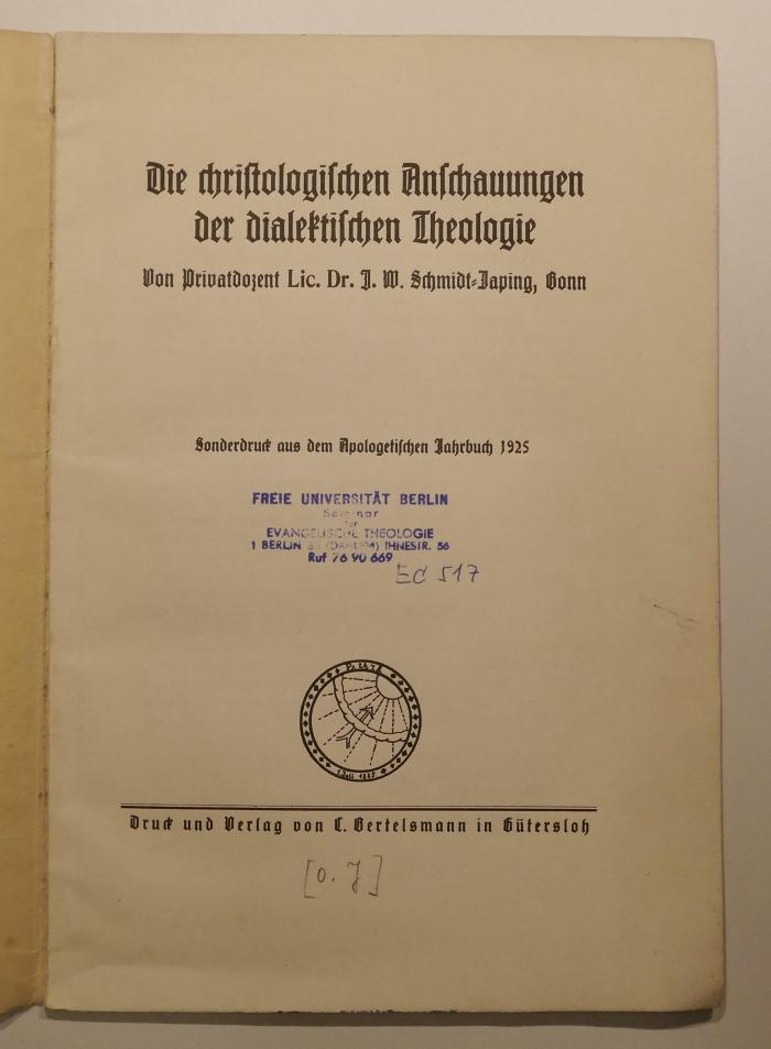 Box M 22898 : Die christologischen Anschauungen der dialektischen Theologie (1925)
