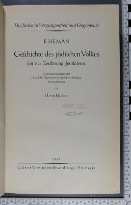 933.02 HEMA  : Geschichte des jüdischen Volkes seit der Zerstörung Jerusalems (1927)