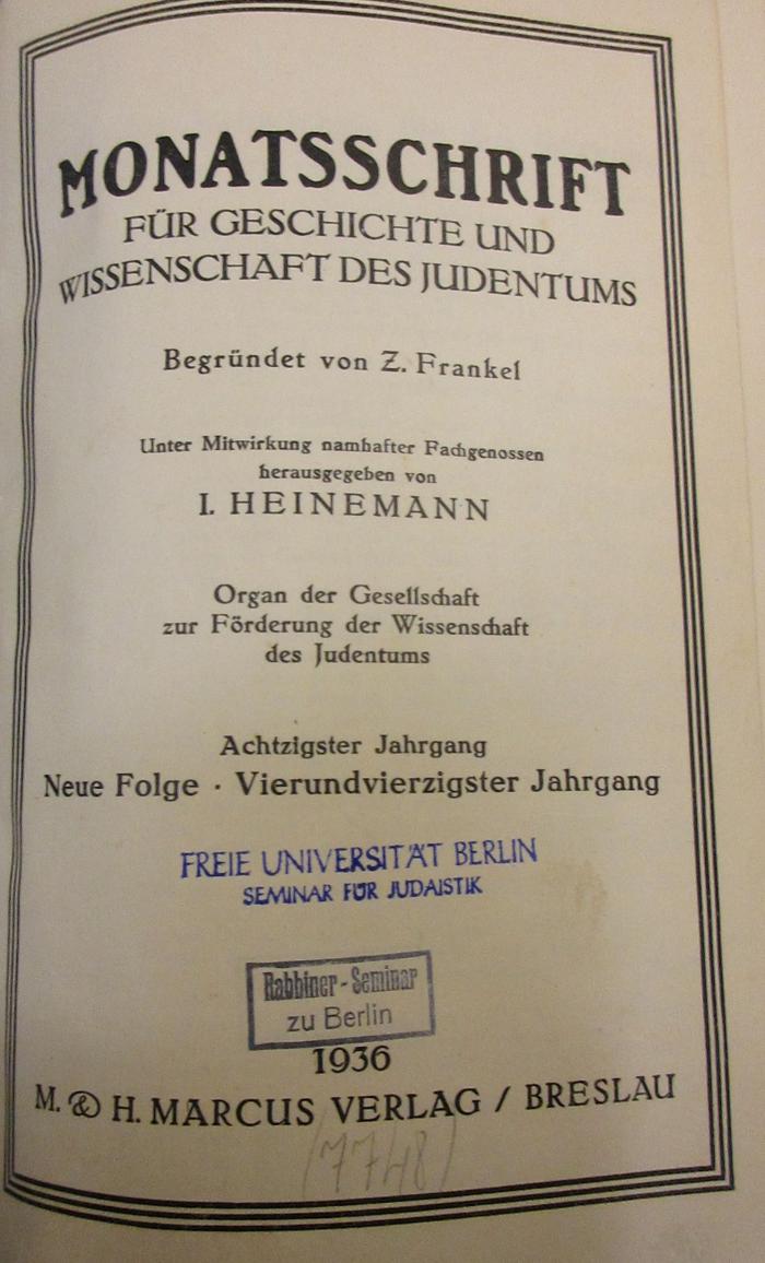 BA 4870 Jg. 1936 (ausgesondert): Monatsschrift für Geschichte und Wissenschaft des Judentums (1936)