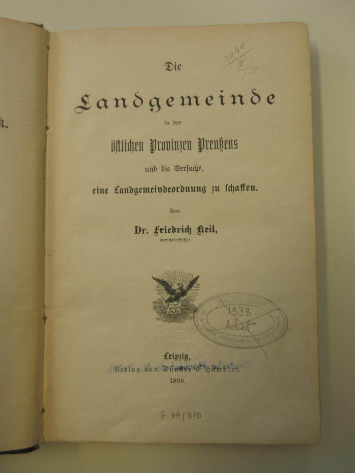 Ser 44/43 : Die Landgemeinde in den östlichen Provinzen Preußens und die Versuche eine Landgemeindeordnung zu schaffen (1890)