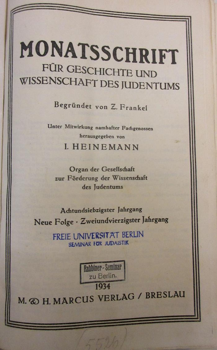 BA 4870 Jg. 1934 (ausgesondert): Monatsschrift für Geschichte und Wissenschaft des Judentums (1934)