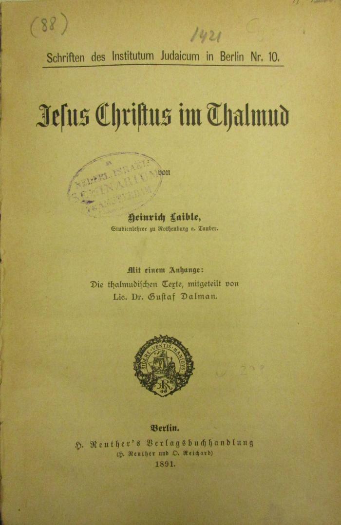 BC 7000 L185 (ausgesondert) : Jesus Christus im Thalmud (1891)