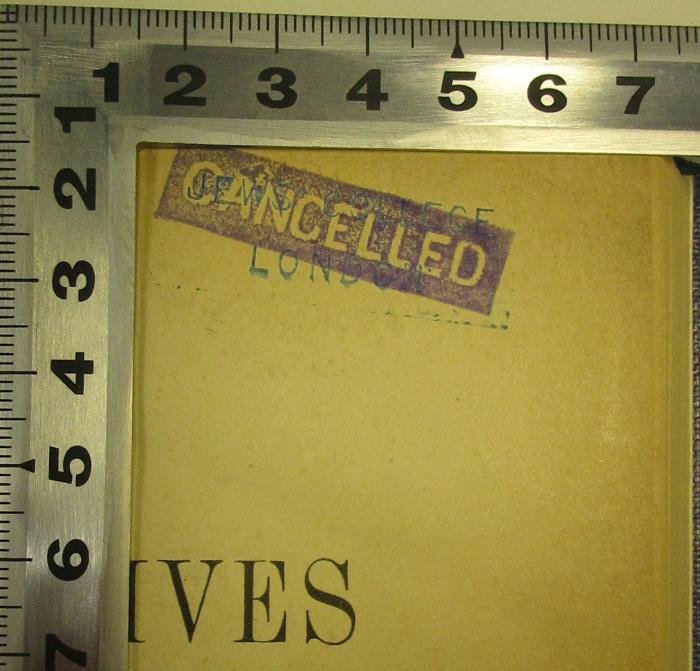 - (Jews' College London), Stempel: Berufsangabe/Titel/Branche, Besitzwechsel, Name, Ortsangabe; 'Jews' College London, Library
Cancelled"'.  (Prototyp)