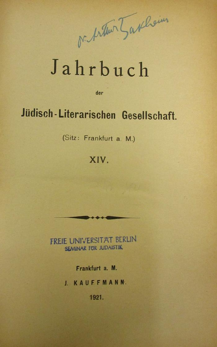 BA 3620.9 Jg. 1921: Jahrbuch der Jüdisch-Literarischen Gesellschaft : XIV (1921)