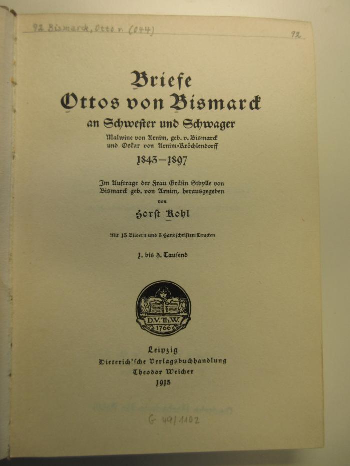 Gc 87 : Briefe Ottos von Bismarck an Schwester und Schwager (1915)