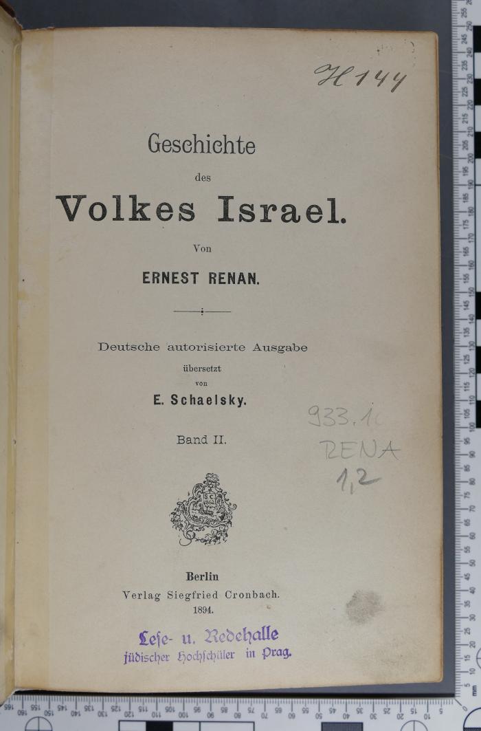 933.1 RENA 1,2;H 144;G 113 ;; ;;: Geschichte des Volkes Israel (1894)