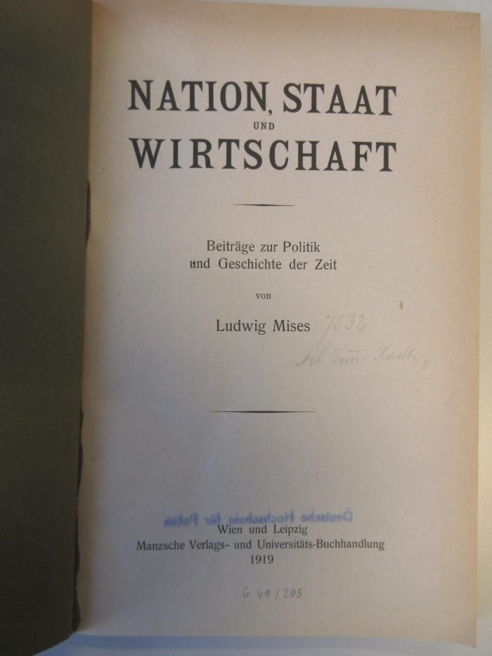 Bc 180 : Nation, Staat und Wirtschaft : Beiträge zur Politik und Geschichte der Zeit. (1919)
