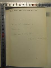 - (Redlich, Josef;Walker, Gustav), Von Hand: Widmung; 'Seiner Excellenz Herrn (…….) (J. / Dr. ) Redlich in Verehrung überbracht. Wien, am 5. März 19(27 / 07). (Von) Gustav Walker'. 