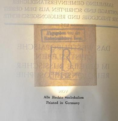 CC 8500 L716 : Das westeuropäische Geistesleben im Urteile russischer Religionsphilosophie (1929);- (Studentenbücherei Bonn), Stempel: Name, Berufsangabe/Titel/Branche, Ortsangabe; 'Abgegeben von der Studentenbücherei Bonn
B
Studentenbücherei Bonn
'. 