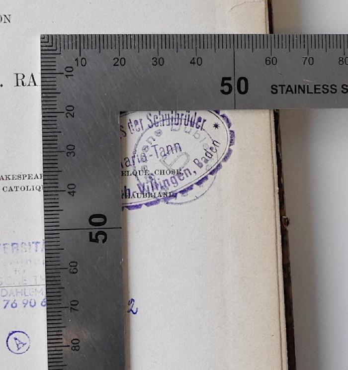 HI 3320 R149 : Shakespeare's Stellung zur katholischen Religion (1884);-, Stempel: Besitzwechsel: Doublette; '[…] Dublette B'