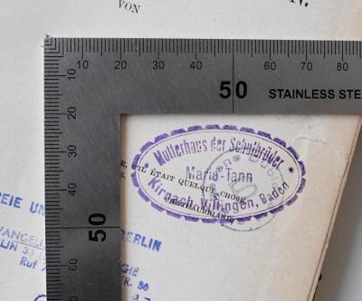 HI 3320 R149 : Shakespeare's Stellung zur katholischen Religion (1884);- (Mutterhaus Maria Tann), Stempel: Name, Berufsangabe/Titel/Branche, Ortsangabe; 'Mutterhaus der Schulbrüder Maria-Tann, Kirnach-Willingen, Baden'.  (Prototyp)