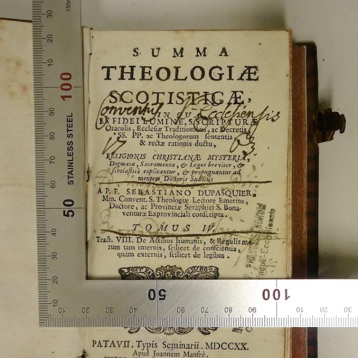 Rara M 584-589 : Summa theologiae scotisticae
 (1719-1720);-, Von Hand: Autogramm, Name; 'Ad […] Bernadini […] 1734 [durchgestrichen]'