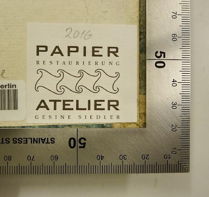 GB M 2016 : Theologia dogmatica et moralis
 (1817);-, Etikett: Buchbinder; '2016 Papier Restaurierung Atelier Gesine Siedler' (Prototyp)