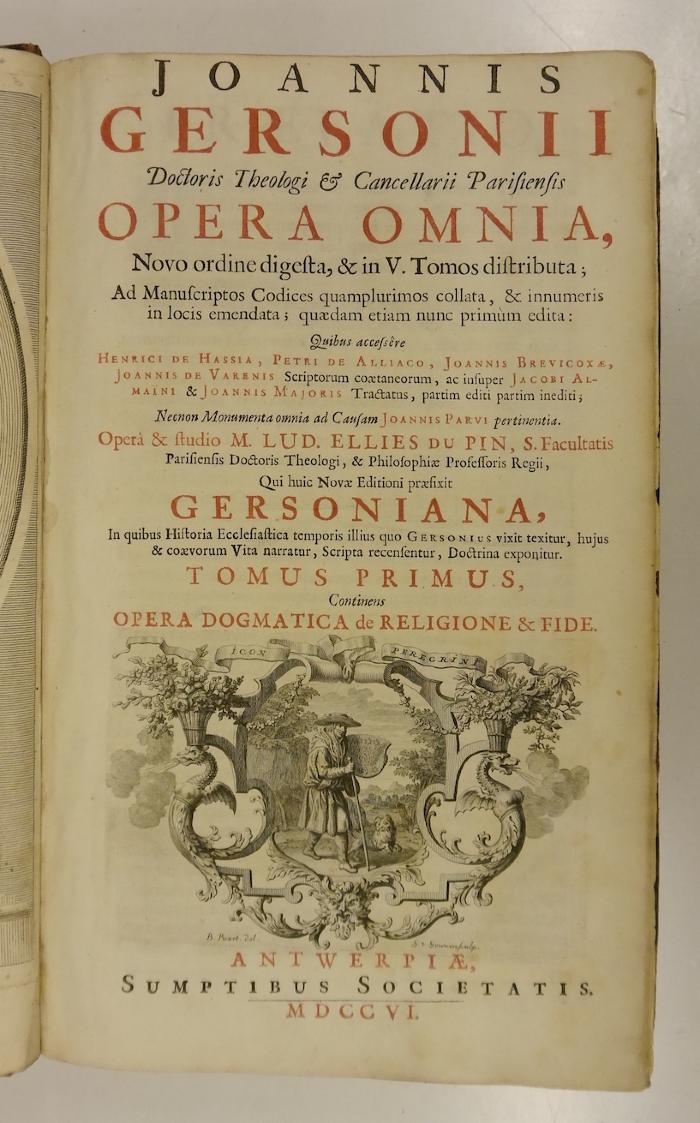 Rara M 557-561 : Joannis Gersonii Doctoris Theologi &amp; Cancellarii Parisiensis Opera Omnia. 1-5 (1706)
