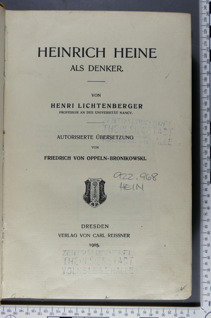 922.968 HEIN : Heinrich Heine als Denker (1905)