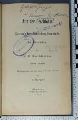 933.5(435.15) HAAR : Aus der Geschichte der Deutsch-Israelitischen Gemeinde in Hamburg  (1886)