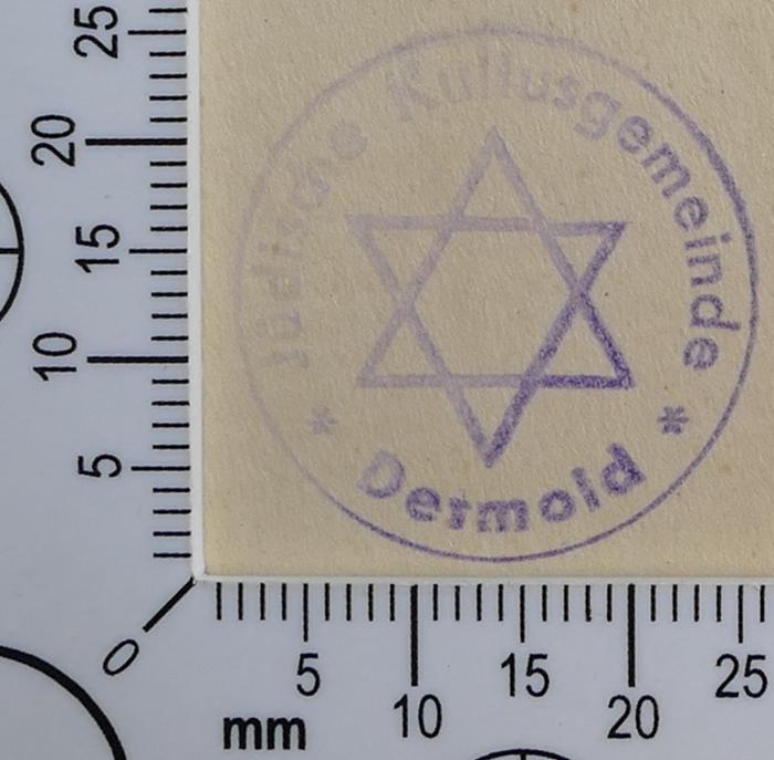 - (Jüdische Gemeinde Detmold), Stempel: Exlibris, Name; 'Jüdische Kultusgemeinde Detmold'.  (Prototyp)