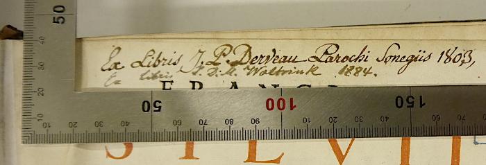 Rara M 629 : Commentarii in totam primam partem S. Thom. Aquinatis (1693);-, Von Hand: Exlibris, Name, Datum; 'Ex Libris J. D. M. Woltrink 1884.'