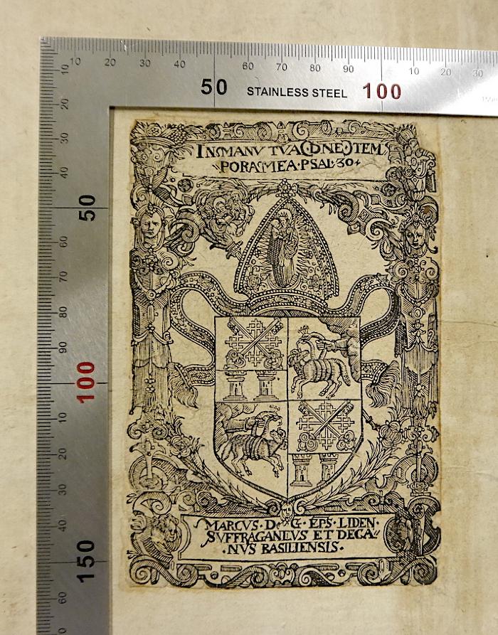 Rara M 735 bis 741 : Annales Ecclesiastici (1589-1608);-, Etikett: Exlibris; 'INSMANU TUA DNE TEMPORAMEA PSAL 30 MARCUS DE G EPSLIDEN SUFFRAGENCUS ET DEGANUS BASILIENIS'