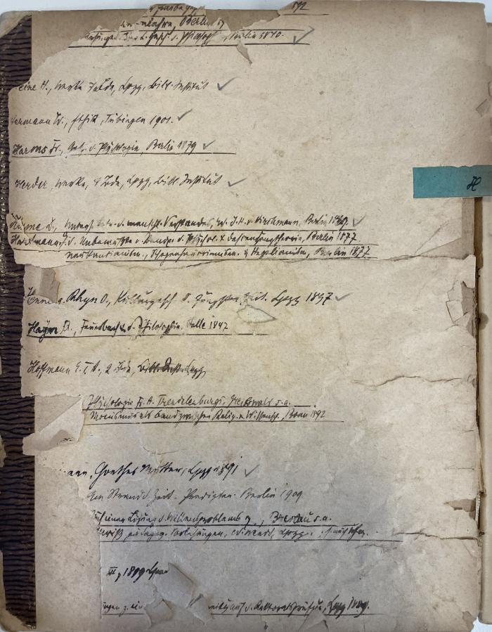 - (Grau, [?]), Von Hand: Notiz, Name; '[Bibliografische Angaben verschiedener deutscher und hebräischer Buchtitel: Titel/Autor/Ort/Jahr]'. 