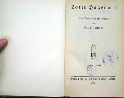 2847;Kult ;1252²z63/0354 ;: Lotte Hagedorn : ein Roman aus Alt-Berlin (1916)