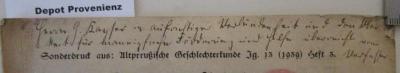  Fotografische Aufnahme und Bestandsverzeichnung der ostpreußischen Kichenbüchern : Sonderdruck aus Altpreußische Geschlechterkunde Jg. 13 (1939) Heft 3 ([1939]);- (Kayser, Gerhard;Blank, Heinrich), Von Hand: Widmung, Name, Autor; 'Herrn G. Kayser in aufrichtiger Verbundenheit und Dankbarkeit für mannigfache Förderung und Hilfe überreicht vom Verfasser'. 