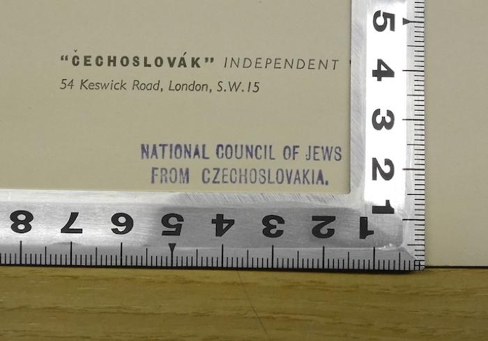 G 34 105 : Czechoslovakia's second struggle for freedom (1941);- (National Council Of Jews From Czechoslovakia), Stempel: Name, Berufsangabe/Titel/Branche; 'National Council Of Jews From Czechoslovakia'. 