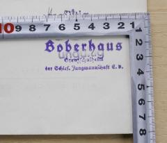 - (Boberhaus Grenzschulheim der Schlesische Jungmannschaft E. V.), Stempel: Name, Berufsangabe/Titel/Branche; ' Boberhaus Grenzschulheim der Schles. Jungmannschaft E. V.'. 