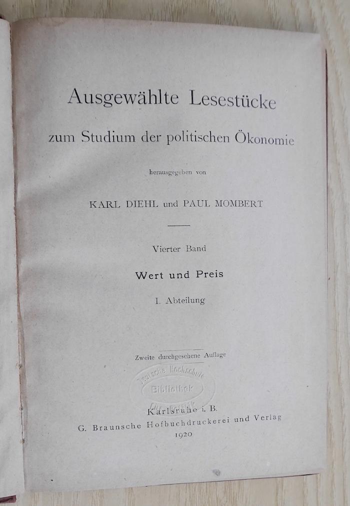 B 709-4&lt;2&gt; : Ausgewählte Lesestücke zum Studium der politischen Ökonomie. 4, Wert und Preis. 1. Abteilung  (1920)