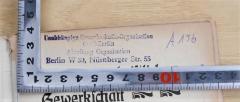 - (Unabhängige Gewerkschaftsorganisation), Stempel: Name, Berufsangabe/Titel/Branche, Ortsangabe, Signatur; 'Unabhängige Gewerkschafts-Organisation Groß-Berlin Abteilung Oranisation Berlin W 30, Nürnberger Str. 55
A 156'. 