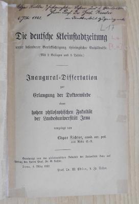 L 17 : Die deutsche Kleinstadtzeitung unter besonderer Beruecksichtigung thueringischer Verhaeltnisse (04. März 1922)