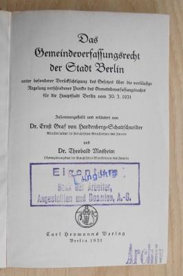 SA 641 : Das Gemeindeverfassungsrecht der Stadt Berlin (1931)