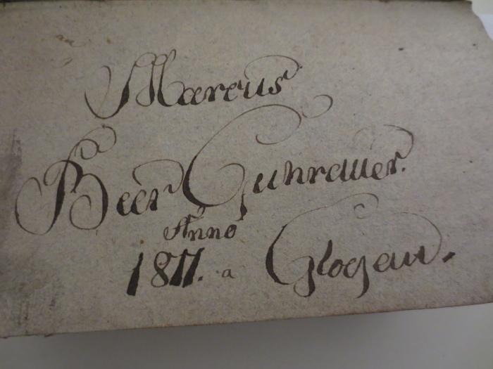  Il Nuovo Robinson : per servir di divertimento, ed istruzione della gioventù (1787);- (Guhrauer, Marcus Beer), Von Hand: Autogramm, Name, Datum, Ortsangabe; 'Marcus Beer Guhrauer.
Anno 1817. a Glogau.'. 