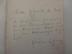 - (Lessing, Theodor;Erhardt-de Neuf, Käte), Von Hand: Widmung, Name, Datum, Ortsangabe; 'Käte Erhardt - de Neuf
zu freundlicher Erinnerung an den Sommer 1923 in der Wennigser Mark und an den Mitverfasser dieses Buchs
Theodor Lessing'. 
