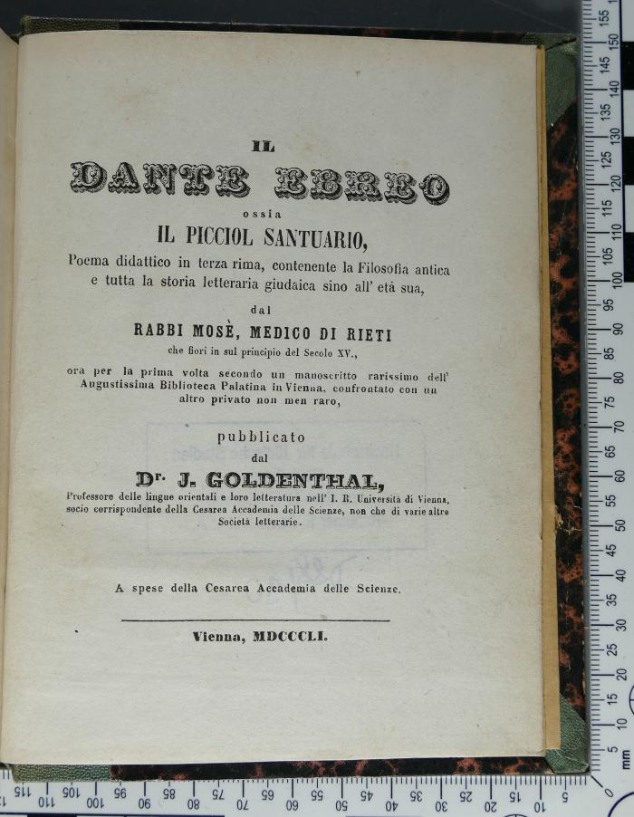 H 11 RIET  : Il Dante ebreo ossia il picciol santuario : poema didattico in terza rima / Rabbi Mosé. Pubbl. dal J. Goldenthal (1851)