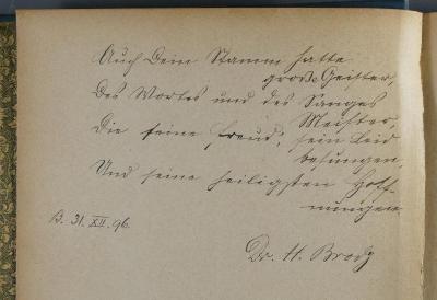 - (Brody, Heinrich), Von Hand: Widmung, Notiz; 'Auch Dein Stamm hatte große Geister, 
Des Wortes und des Sanges Meister, 
Die seine Freud', sein Leid besungen, 
Und seine heiligsten Hoffnungen. 
B. 31. XII. 96. 
Dr. H. Brody'. 