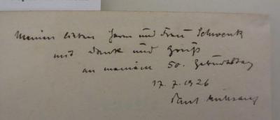  Sonette aus der Einsamkeit (o.J.);- (Mühsam, Paul;Schwenk, Erich;Schwenk, Erna), Von Hand: Widmung, Name, Datum; 'Meinen lieben Herrn und Frau Schwenk mit Dank und Gruß an meinem 50. Geburtstag
17.7.1926
Paul Mühsam'. 