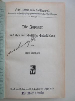 SA 1609 : Die Japaner und ihre wirtschaftliche Entwicklung.
Umschlagt.: Die Japaner und ihr Wirtschaftsleben (1905)