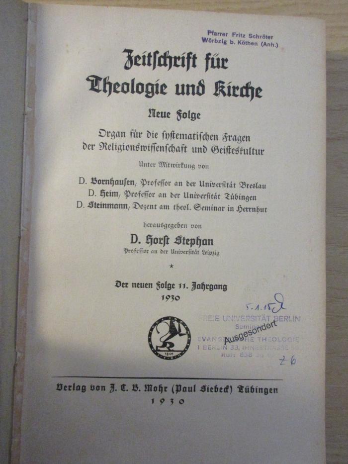 BA 8900 (ausgesondert) : Zeitschrift für Theologie und Kirche: neue Folge. Organ für die systematischen Fragen der Religionswissenschaft und Geisteskultur (1930)