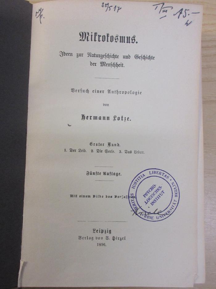 Ab 402 (ausgesondert) : Mikrokosmus, Ideen zur Naturgeschichte und Geschichte der Menschheit (1896)