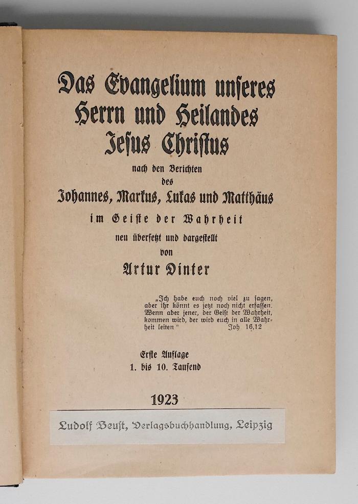 BC 2215 D587 : Das Evangelium unseres Herrn und Heilandes Jesus Christus (1923)